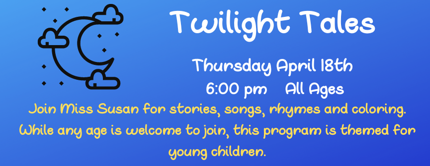 Join Ms Susan for stories, songs and rhymes with a nighttime theme. While any age is welcome to join, this program is themed for young children.  Date November 16, 2023 Time 06:00 pm - 07:00 pm