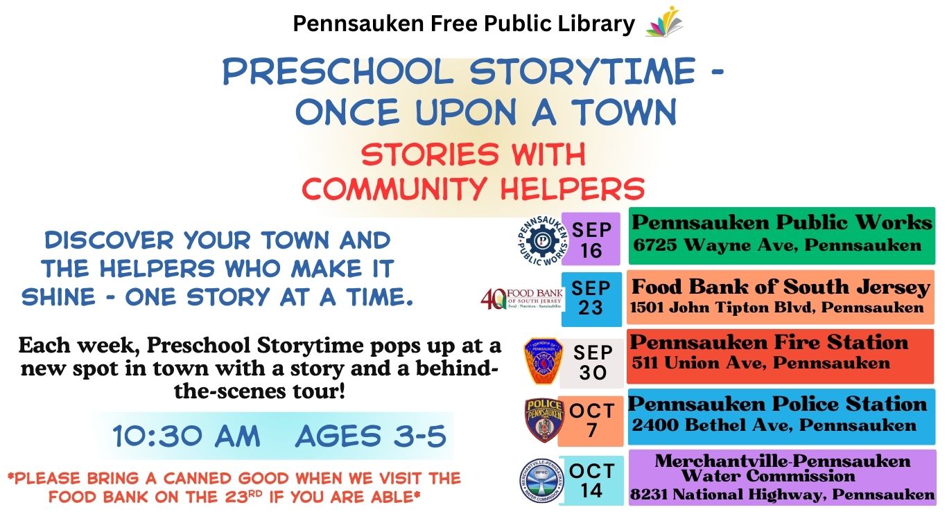 Preschool Storytime- Once Upon a Town. Stories with community helpers. Discover your town and the helpers who make it shine - one story at a time. Each week, Preschool Storytime pops up at a new spot in town with a story and a behind-the-scenes tour! 10:30 am, ages 3-5. Please bring a canned good when we visit the Food Bank on the 23rd if you are able. 